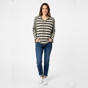 CAbi Playoff Hoodie Olive White Striped Oversized Lightweight Knit Top Size S